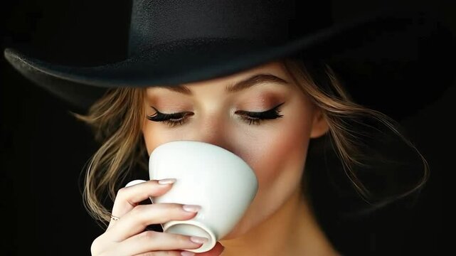 Woman wearing capeline drinking coffee