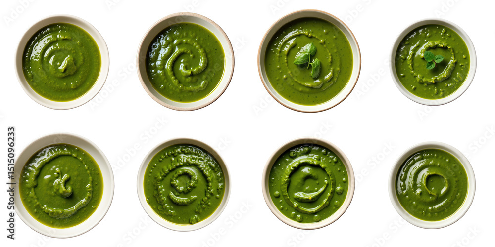 Poster Various Bowls of Green Sauce with Swirls Displayed on a transparent Background in a Grid Arrangement, Showcasing Different Textures and Patterns of the Sauces