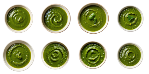 Various Bowls of Green Sauce with Swirls Displayed on a transparent Background in a Grid Arrangement, Showcasing Different Textures and Patterns of the Sauces