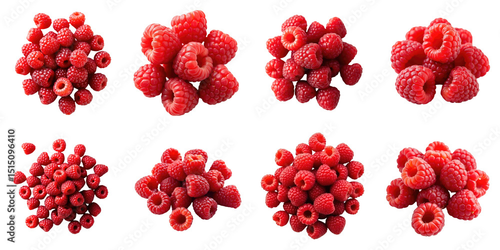 Poster collection of freshly picked ripe raspberries displayed in various groupings on a transparent backgr