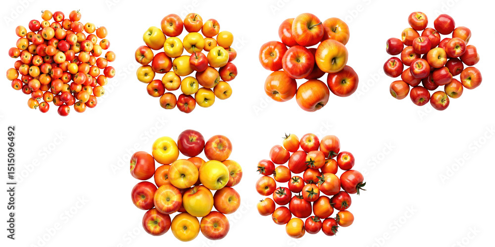 Poster assorted clusters of vibrantly colored apples displayed on a transparent background with various siz