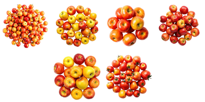 Assorted Clusters of Vibrantly Colored Apples Displayed on a transparent Background with Various Sizes and Varieties Including Red and Yellow Types in Multiple Groupings - Powered by Adobe