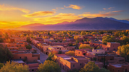 Obraz premium picturesque sunset over traditional pueblo city, showcasing vibrant colors and serene landscapes
