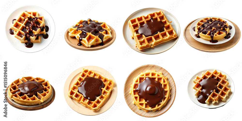 Poster collection of delicious waffles with chocolate sauce featuring various plating styles and textures o