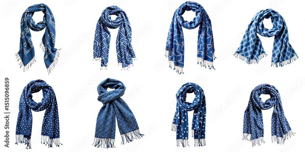 Poster collection of eight distinctive blue patterns in scarves featuring various designs and textures on a