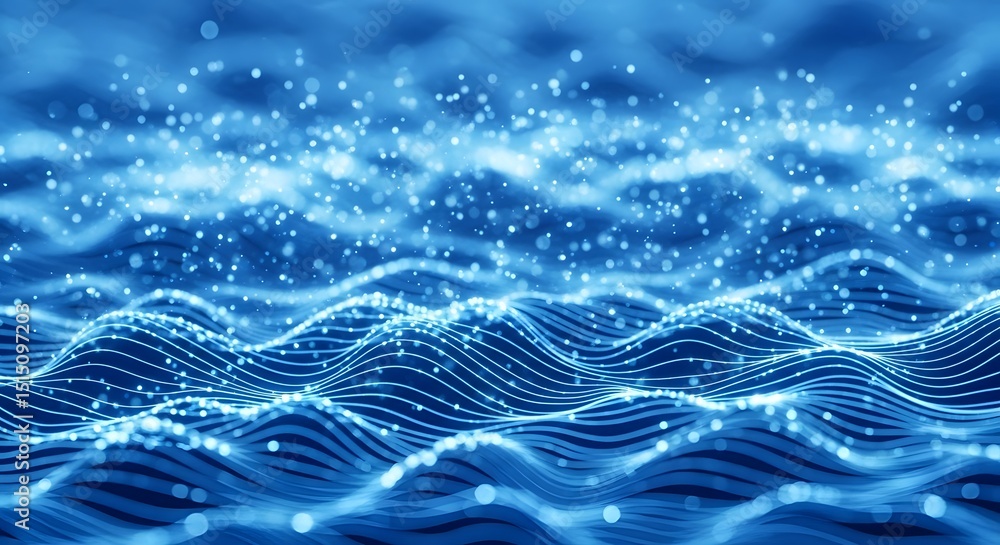 Poster abstract blue waves digital art background featuring flowing lines and glowing particles ideal for t