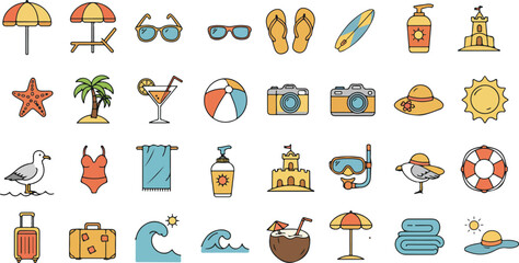 Flat Vector Icon Set of Beach Vacation Essentials in Minimal Style

