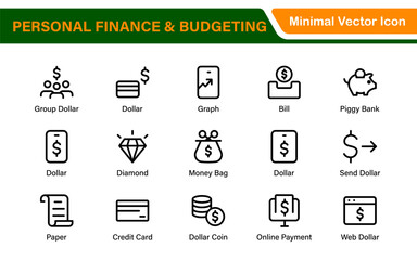 Personal Finance and Budgeting Icons – Modern Minimalist Line Art Vector Illustrations for Budget Planning, Saving, Money Management, and Financial Tools