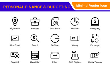 Personal Finance and Budgeting Icons – Modern Minimalist Line Art Vector Illustrations for Budget Planning, Saving, Money Management, and Financial Tools