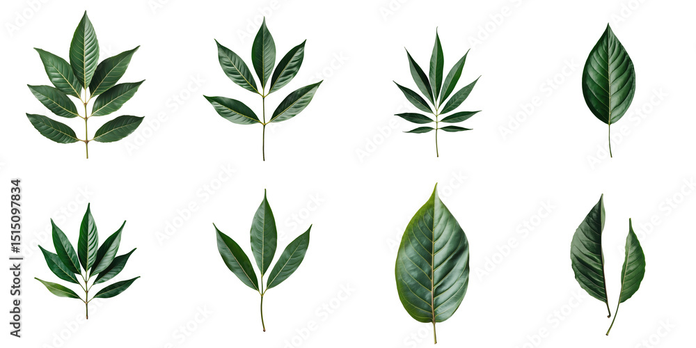 Poster collection of diverse green leaves on transparent background featuring varied shapes and textures id