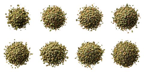 Collection of Various Green Seed Piles on transparent Background Showcasing Different Textures and Sizes of Seeds Arranged in Two Rows for Visual Contrast and Detail