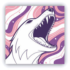 A large, stylized, open mouth with sharp, pointed teeth is the central subject. The teeth and mouth are rendered in white, with dark interiors, set against a background of swirling, abstract patterns