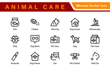Pet Services and Animal Care Icon Set – Minimal Line Vector Illustrations for Pet Sitting, Grooming, Veterinary, Training, and Animal Health Projects