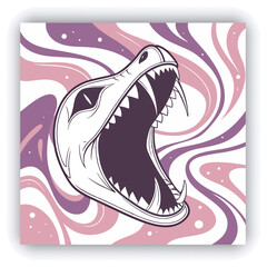 A large, stylized, open mouth with sharp, pointed teeth is the central subject. The teeth and mouth are rendered in white, with dark interiors, set against a background of swirling, abstract patterns