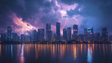 Fototapeta premium dramatic city skyline illuminated by lightning during storm, reflecting on water