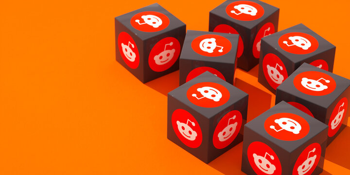 Reddit Social Media Icons on Cubes: A Modern 3D Graphic Representing Online Community and Digital Discussion