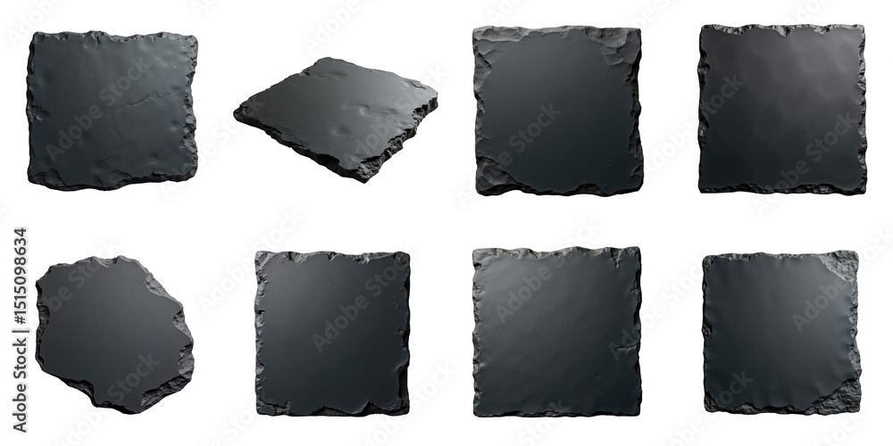Poster assorted textured transparent slate tiles with irregular edges displayed in a grid format on a solid
