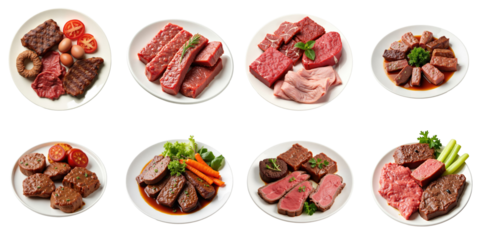 Assorted Meat Cuts Displayed on Plates Featuring Various Cuts Including Steaks, Ribs, Ground Meat, and Marbled Beef Accompanied by Fresh Herbs and Vegetables on a transparent Background