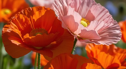 Vibrant orange and pink poppy flowers blooming in a garden  