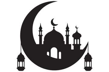 Mosque and crescent moon silhouette on white background
