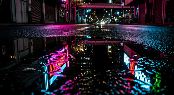 Urban Serenity Nightscape A Reflective Cityscape Scene With Vibrant Neon Light - Powered by Adobe