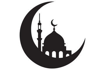 Mosque and crescent moon silhouette on white background
