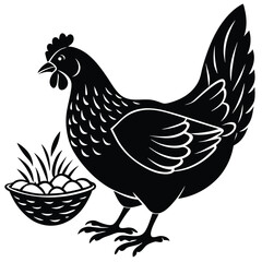 Black Silhouette Hen with Berry &ndash; Farm Animal Vector Art,
Chicken Feeding Scene with Nest &ndash; Vintage Farm Illustration,
Classic Hen Silhouette &ndash; Retro Poultry Artwork Design.