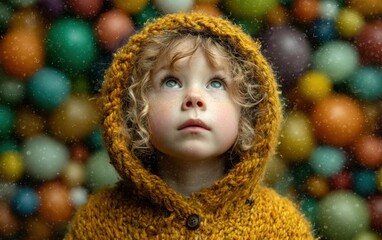 Child looking upwards, colourful background