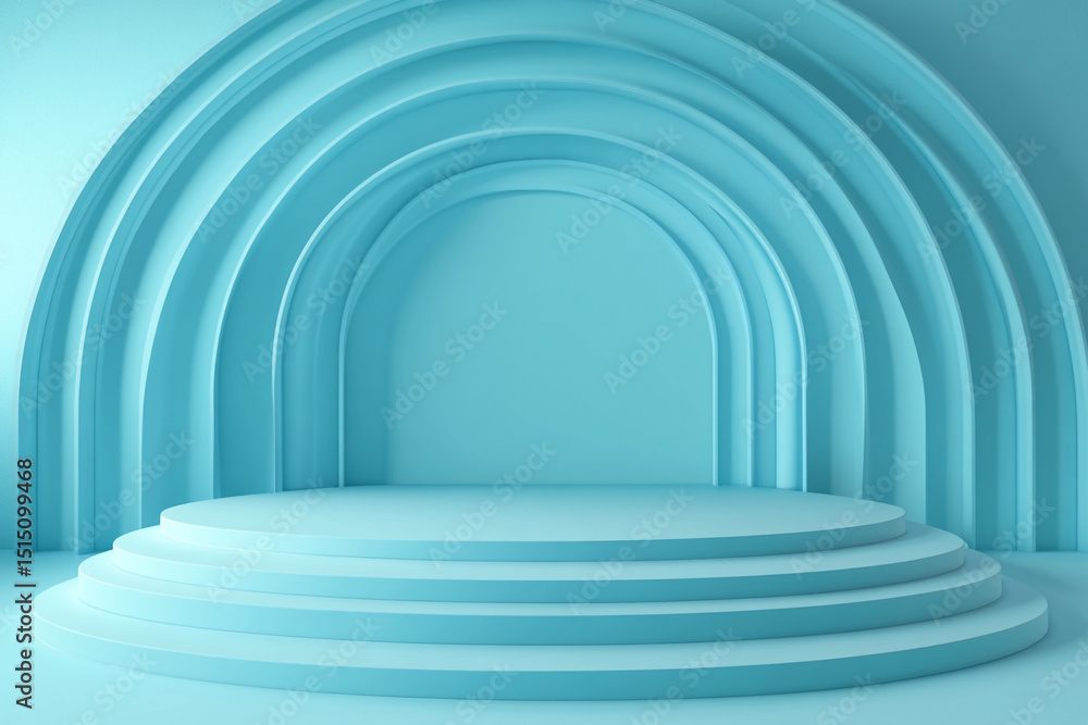 Aufkleber a sleek, minimalistic blue stage features a circular podium in front of a larger, concentric circula