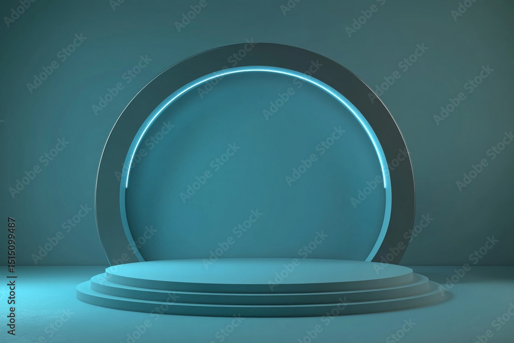 Poster a sleek, minimalistic blue stage features a circular podium in front of a larger, concentric circula