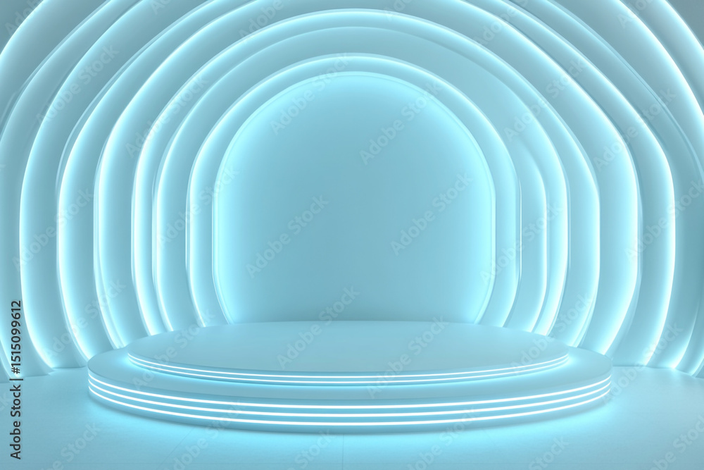 Poster a sleek, minimalistic blue stage features a circular podium in front of a larger, concentric circula
