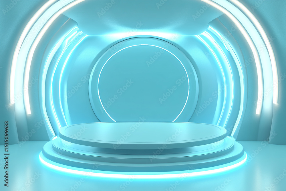 Aufkleber a sleek, minimalistic blue stage features a circular podium in front of a larger, concentric circula