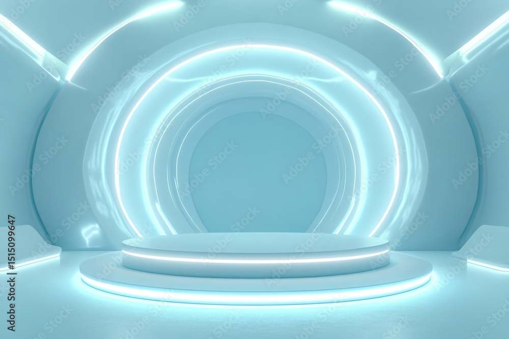 Poster a sleek, minimalistic blue stage features a circular podium in front of a larger, concentric circula
