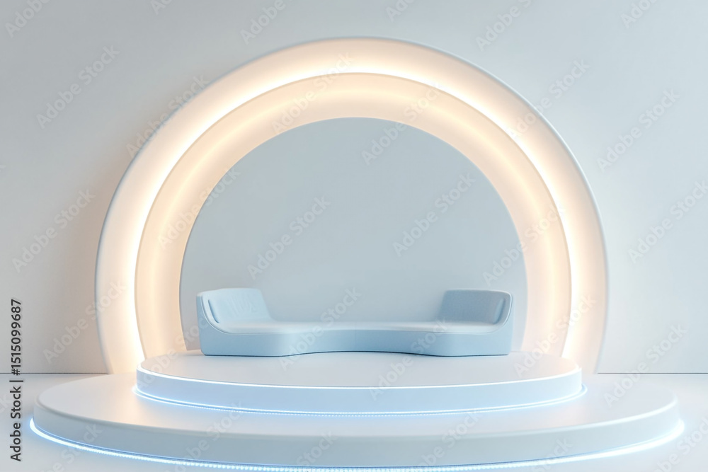 Aufkleber a sleek, minimalistic blue stage features a circular podium in front of a larger, concentric circula