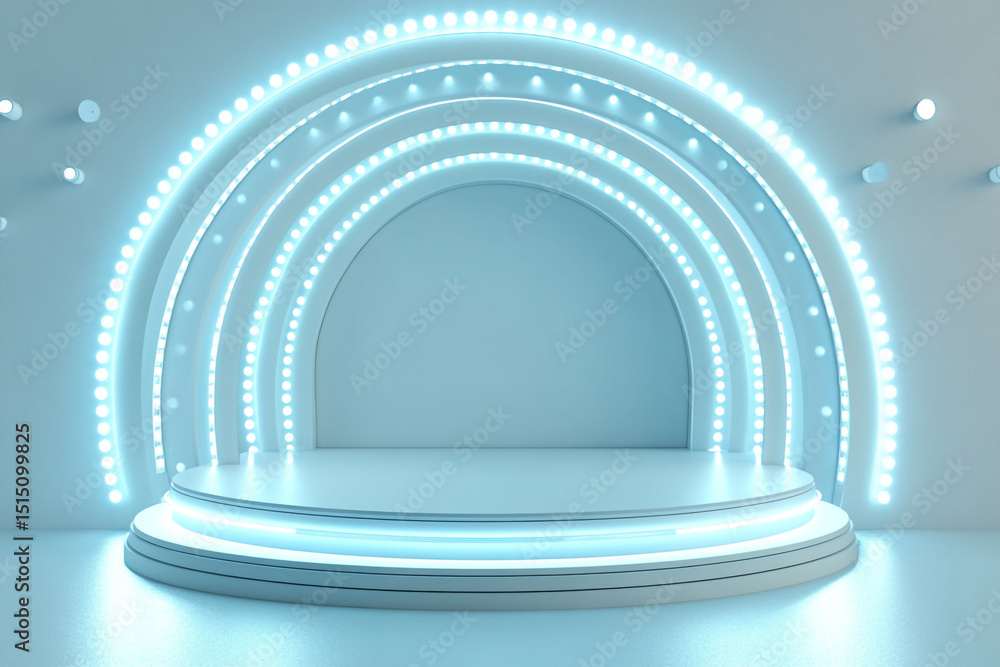 Poster a sleek, minimalistic blue stage features a circular podium in front of a larger, concentric circula