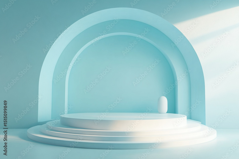 Aufkleber a sleek, minimalistic blue stage features a circular podium in front of a larger, concentric circula