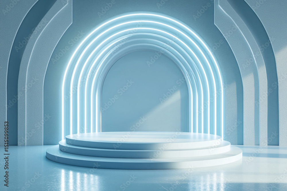 Aufkleber a sleek, minimalistic blue stage features a circular podium in front of a larger, concentric circula