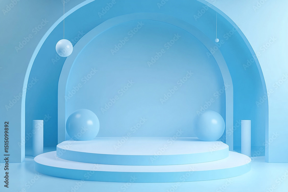 Poster a sleek, minimalistic blue stage features a circular podium in front of a larger, concentric circula