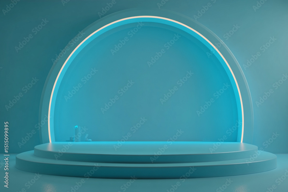 Poster a sleek, minimalistic blue stage features a circular podium in front of a larger, concentric circula