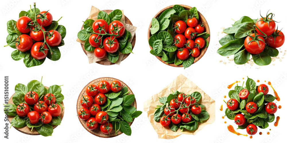 Poster assorted fresh tomatoes on spinach leaves in various arrangements featuring different plates and bac