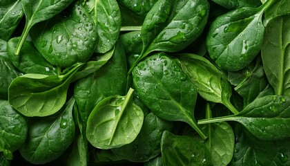 Obraz premium Close-up of fresh spinach leaves with water drops, creating a natural green food background plate