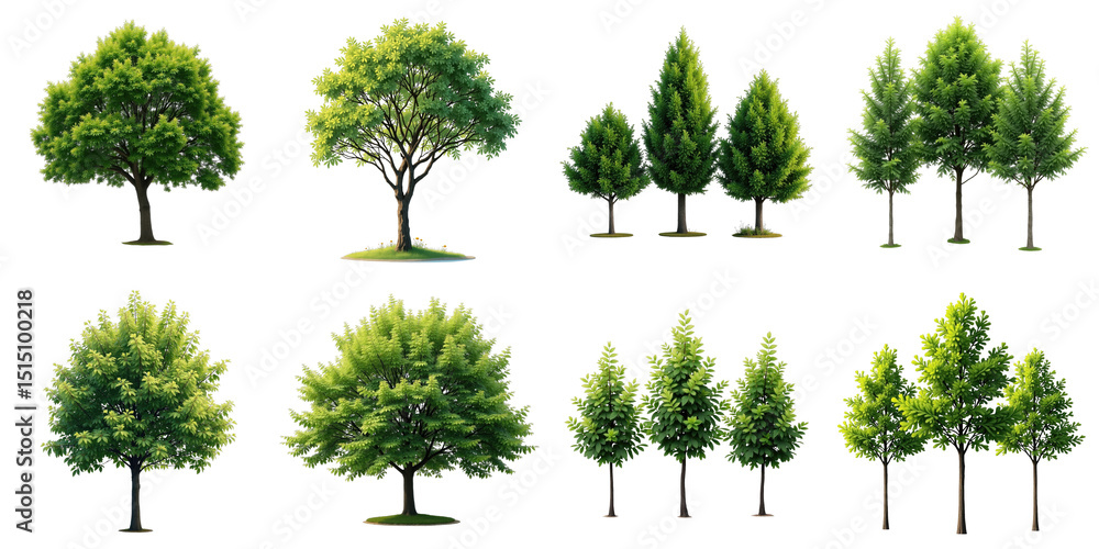 Poster collection of realistic trees in various sizes and shapes featuring lush green foliage on a transpar