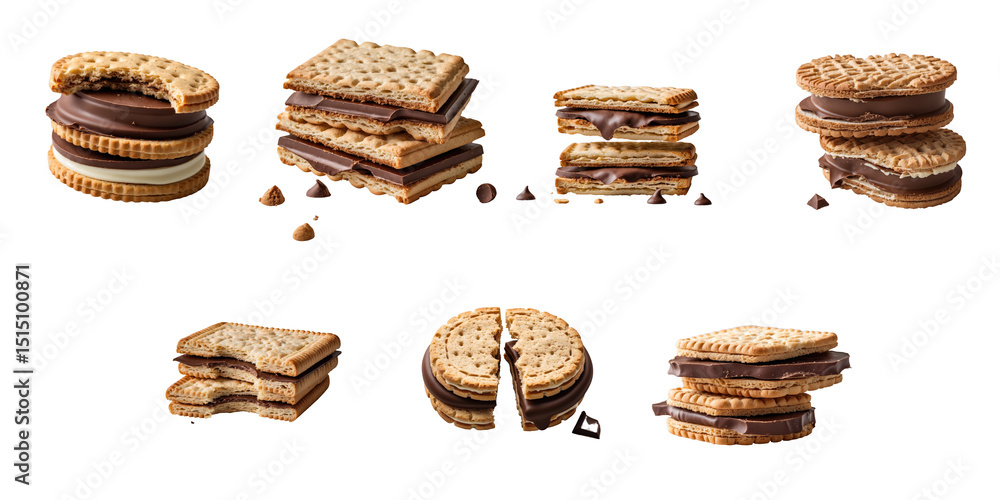 Poster assorted layered cookies with cream and chocolate filling displayed on transparent background featur