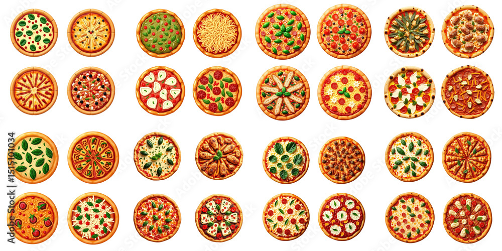 Poster variety of pizzas displayed in circular shapes featuring diverse toppings and crusts on a transparen