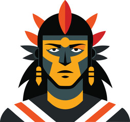 Indigenous Warrior Vector Portrait with Face Paint and Tribal Details on White Background.