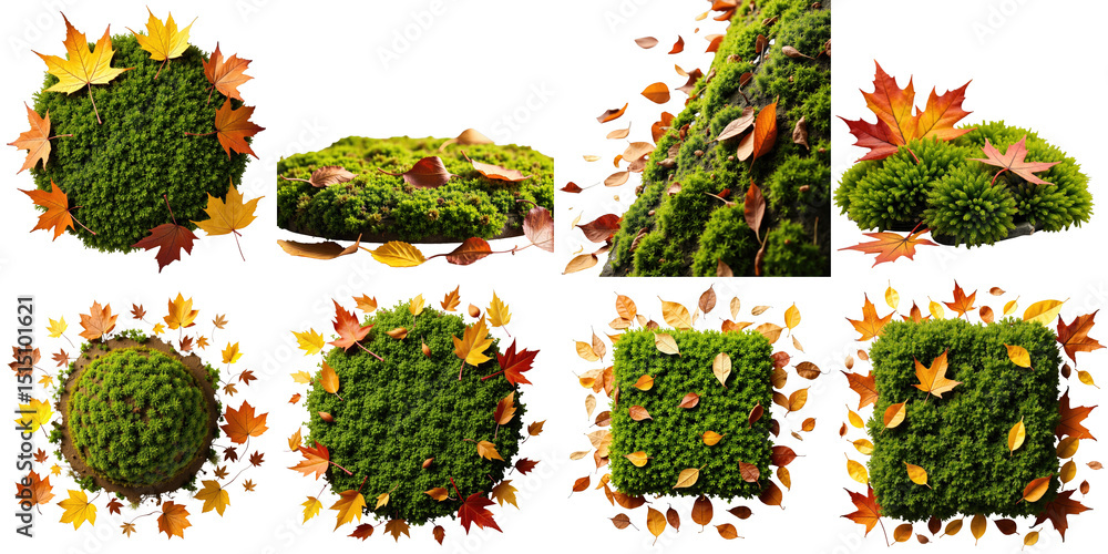 Poster a vibrant collection of lush green moss textures adorned with colorful autumn leaves on a transparen