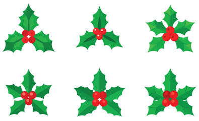 Set of Holly Leaves with Red Berries – Christmas Decoration Icons