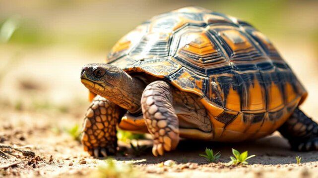 Detailed Portrait of a Hermann s Tortoise on a Sunny Day in the Garden