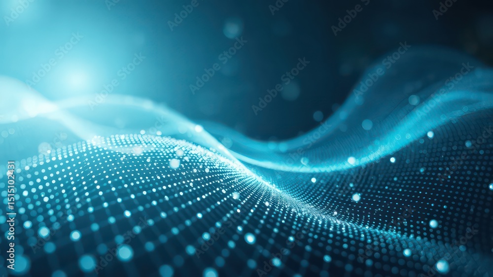 Poster abstract blue waveform surface created from glowing particles, symbolizing connectivity and futurist