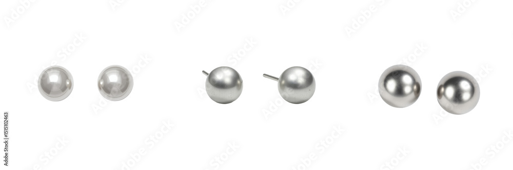 Poster collection of elegant silver pearls featuring four distinct styles, including studs and round design